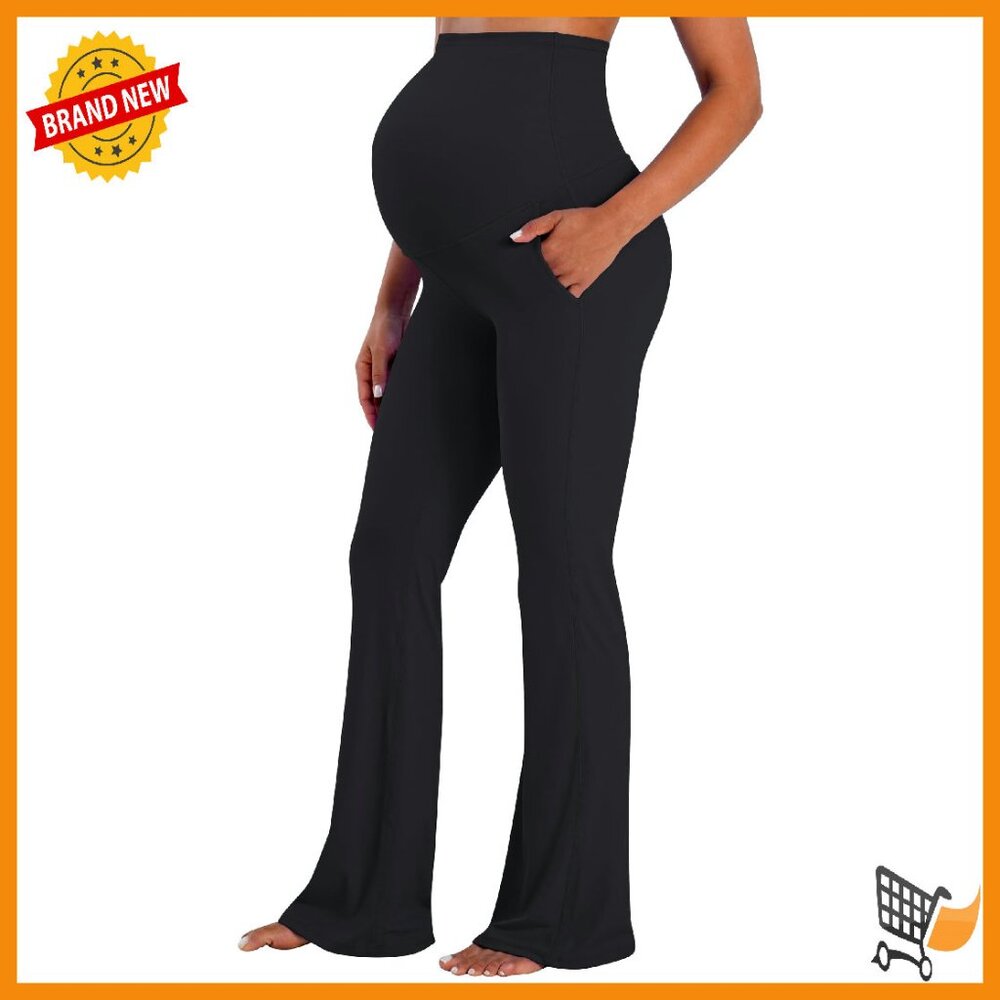 Maternity Flare Leggings With Pockets Buttery Soft Wide Leg Yoga Pants